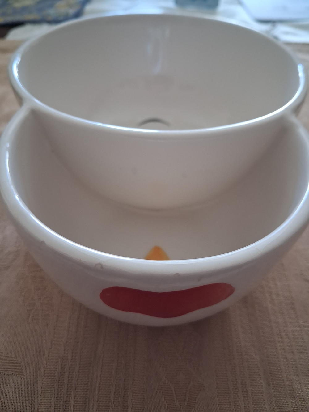 White Ceramic Double Dip Bowl with Blue Handle and Black Accent - Picture 3 of 6